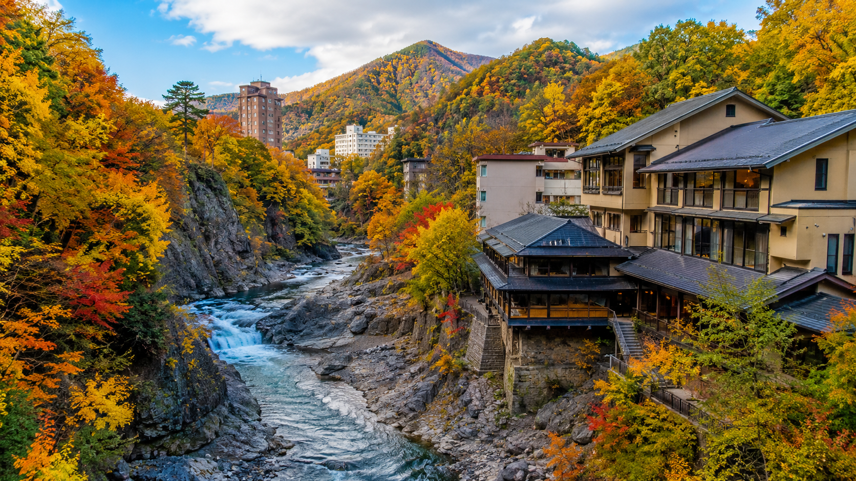 定山渓の渓谷と温泉旅館、紅葉の風景